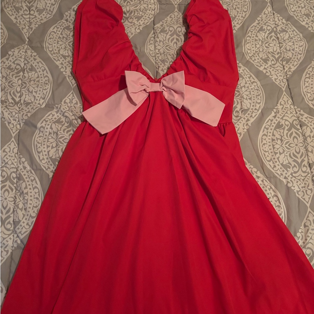 Red Dress with Pink Bow Accent